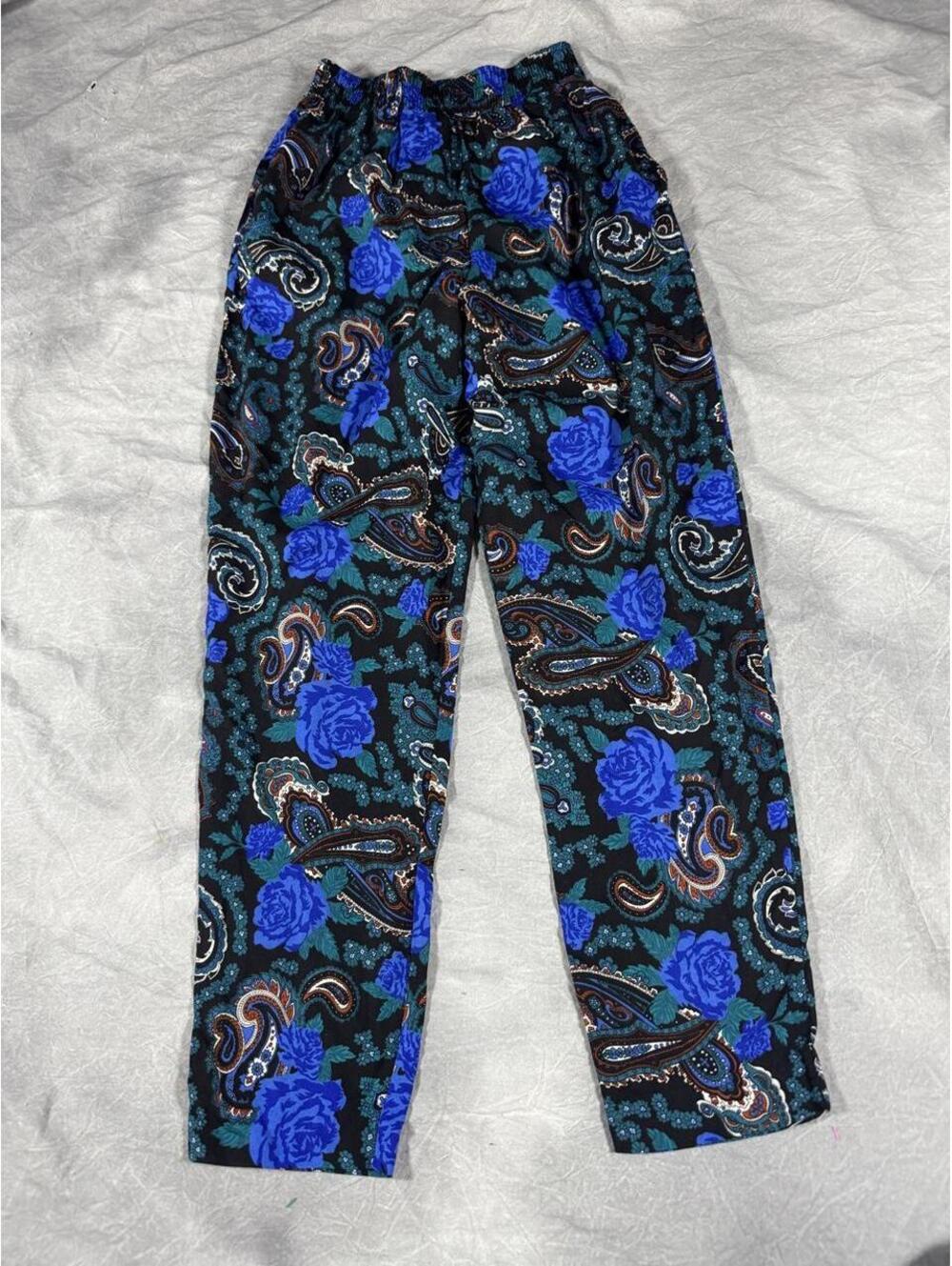 Vintage 80s Ego Sportswear Blue Rose Paisley High Waist Pants Made in USA